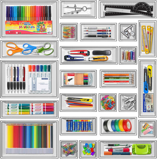 YAN & HIN Set of 25 Clear Office Desk Trays for Organization and Storage -4 Sizes Cabinet Bins for Makeup Tray, Kitchen Drawer Organizer, Bathroom Toiletry Vanity Organizer