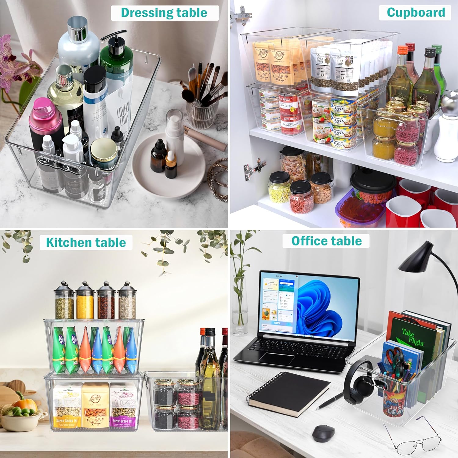 YAN & HIN 8 pcs/set Large Clear Cabinet Storage Bins with Lids - Stackable, Transparent Pantry Storage with Handles, Freezer Plastic Containers (11 "L x 7.5" W x 6.1 "H)