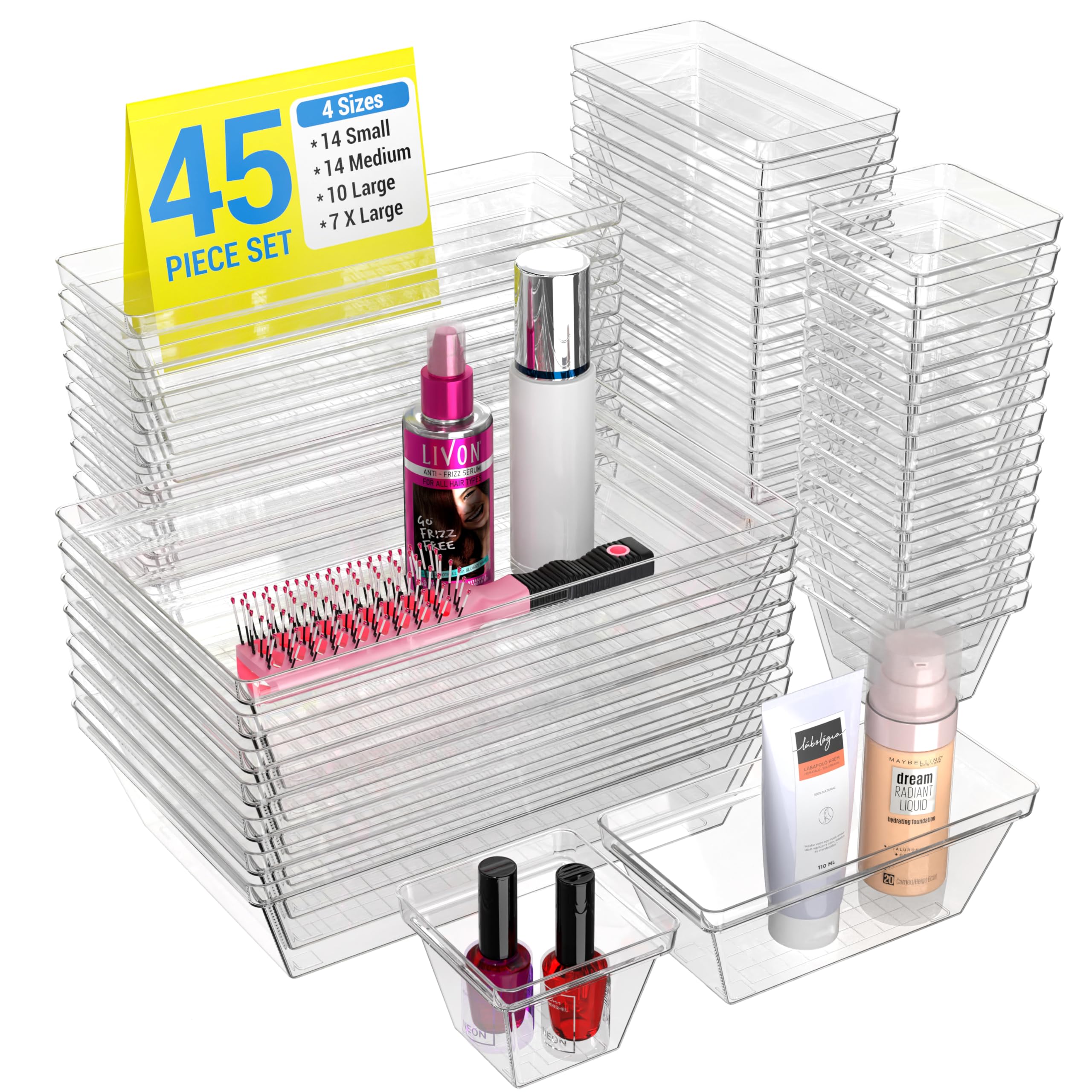 YAN & HIN Set of 72 Stackable Non-Slip Acrylic Organizers - Modern Minimalist Clear Drawer Organizer for Makeup, Kitchen, Desk & Office