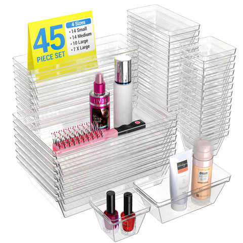 YAN & HIN Set of 72 Stackable Non-Slip Acrylic Organizers - Modern Minimalist Clear Drawer Organizer for Makeup, Kitchen, Desk & Office