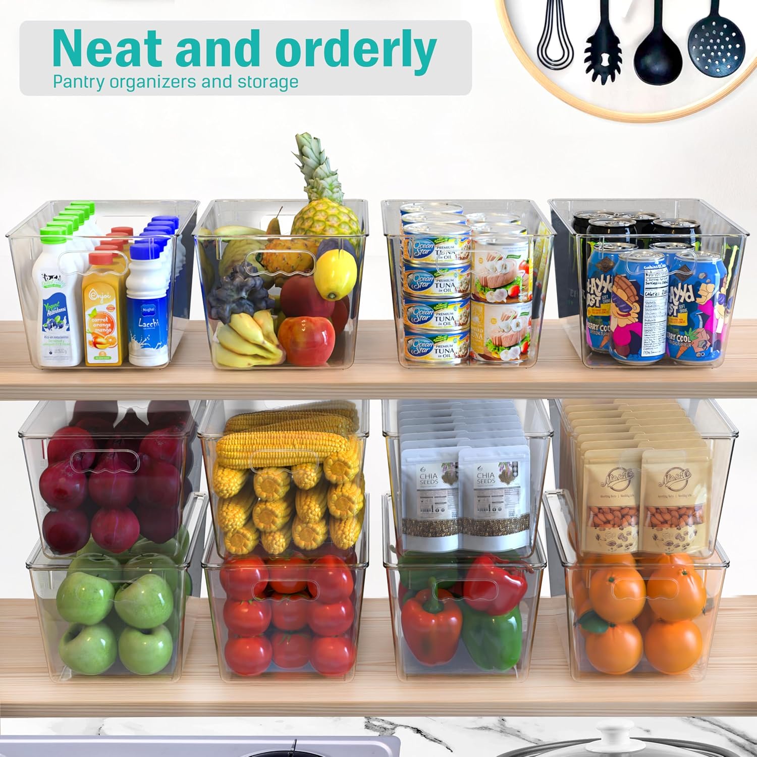 YAN & HIN 8 pcs/set Large Clear Cabinet Storage Bins with Lids - Stackable, Transparent Pantry Storage with Handles, Freezer Plastic Containers (11 "L x 7.5" W x 6.1 "H)