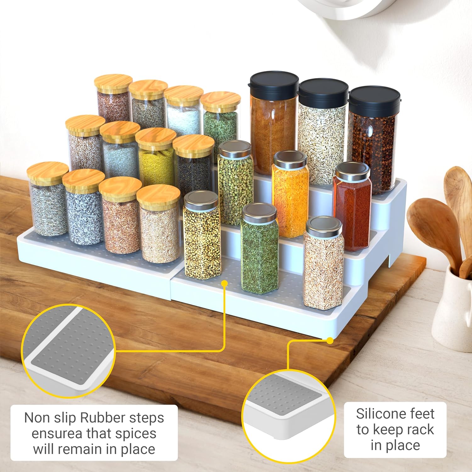 YAN & HIN Pack of 2, 3-Tier Spice Racks, Expandable and Non-Skid, Ideal as Medicine Cabinet Organizers, Kitchen Shelf Pantry Organizer, and Seasoning Organizer, Canned Food Organizer