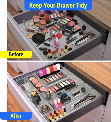 YAN & HIN Set of 25 Clear Office Desk Trays for Organization and Storage -4 Sizes Cabinet Bins for Makeup Tray, Kitchen Drawer Organizer, Bathroom Toiletry Vanity Organizer