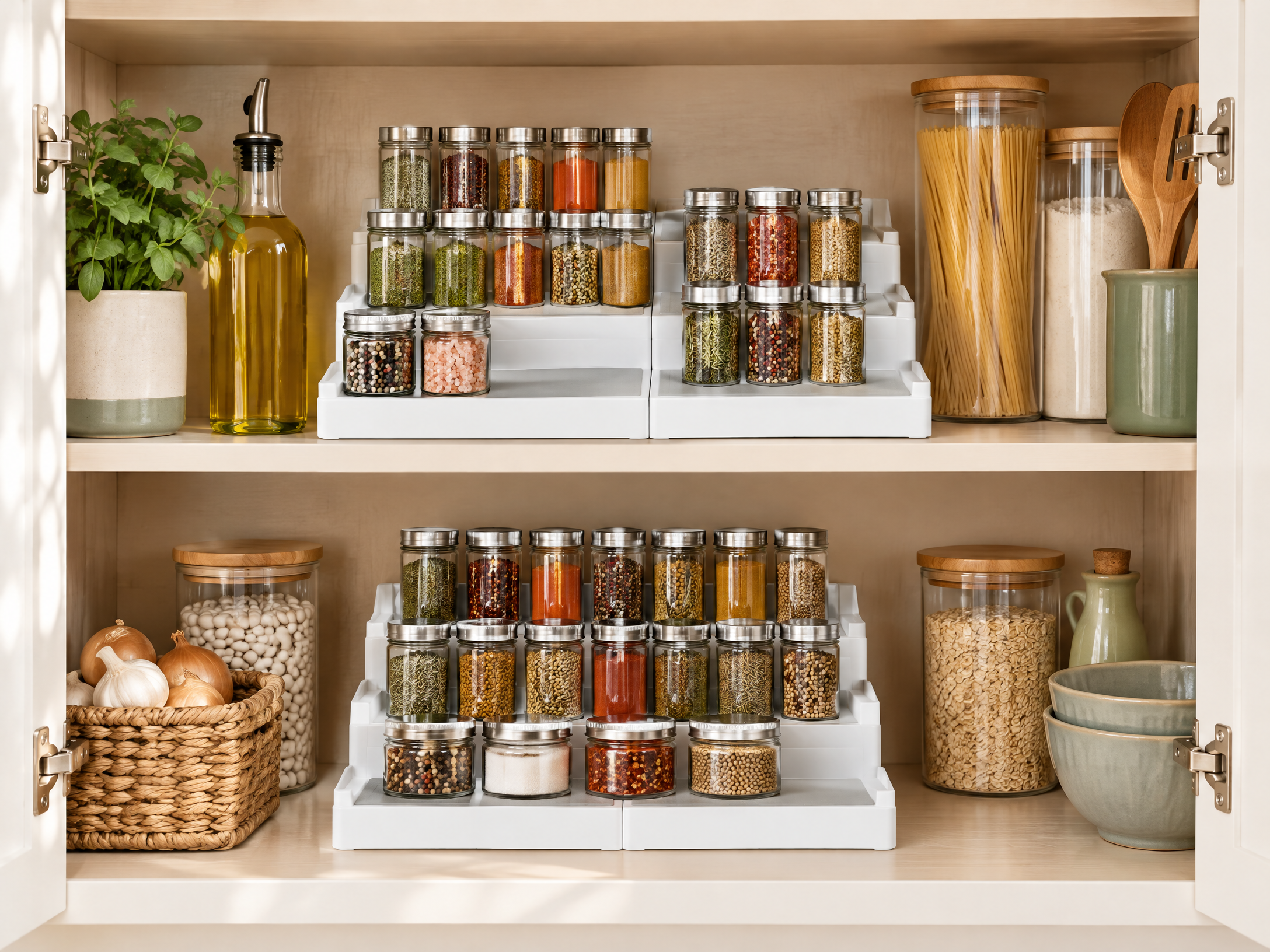 Illustrative organized American kitchen pantry cabinet with tiered spice storage