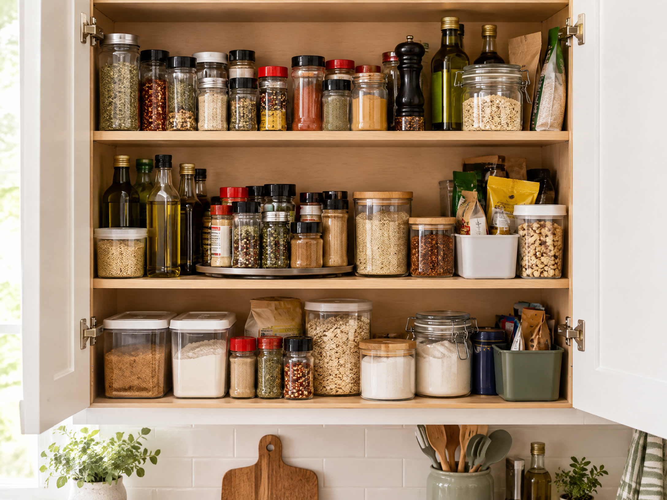 Illustrative crowded American kitchen pantry cabinet before organization