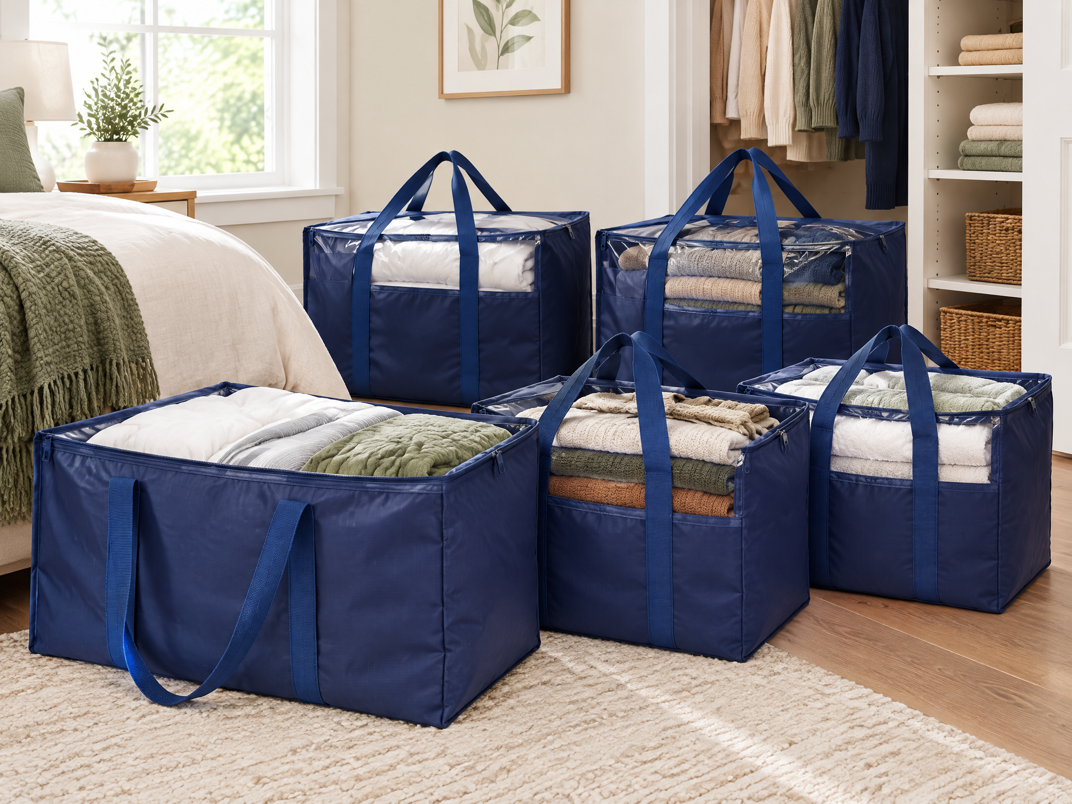 Illustrative organized American bedroom with navy moving storage bags