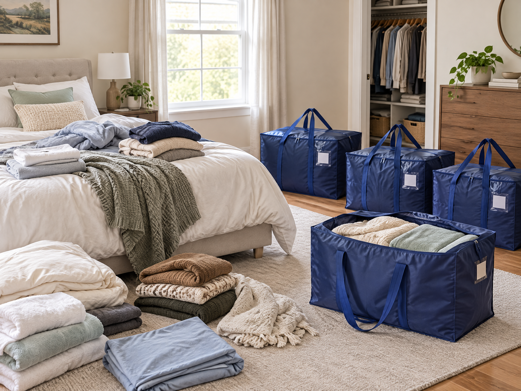 Illustrative American bedroom before a move with bedding and clothes awaiting sorting