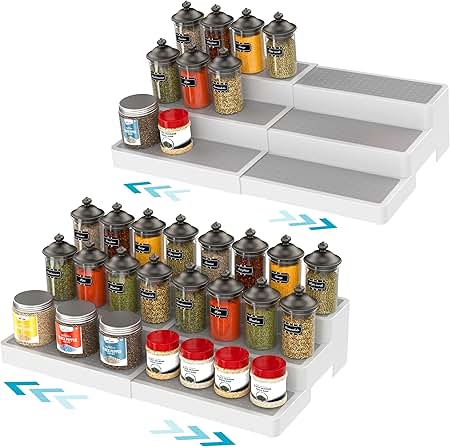 YAN & HIN expandable white three-tier spice rack holding spice jars